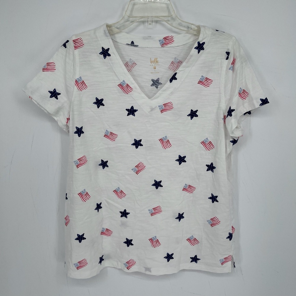 Belle by Kim Gravel Women's White Stars Stripes V-Neck Patriotic T-Shirt Size L